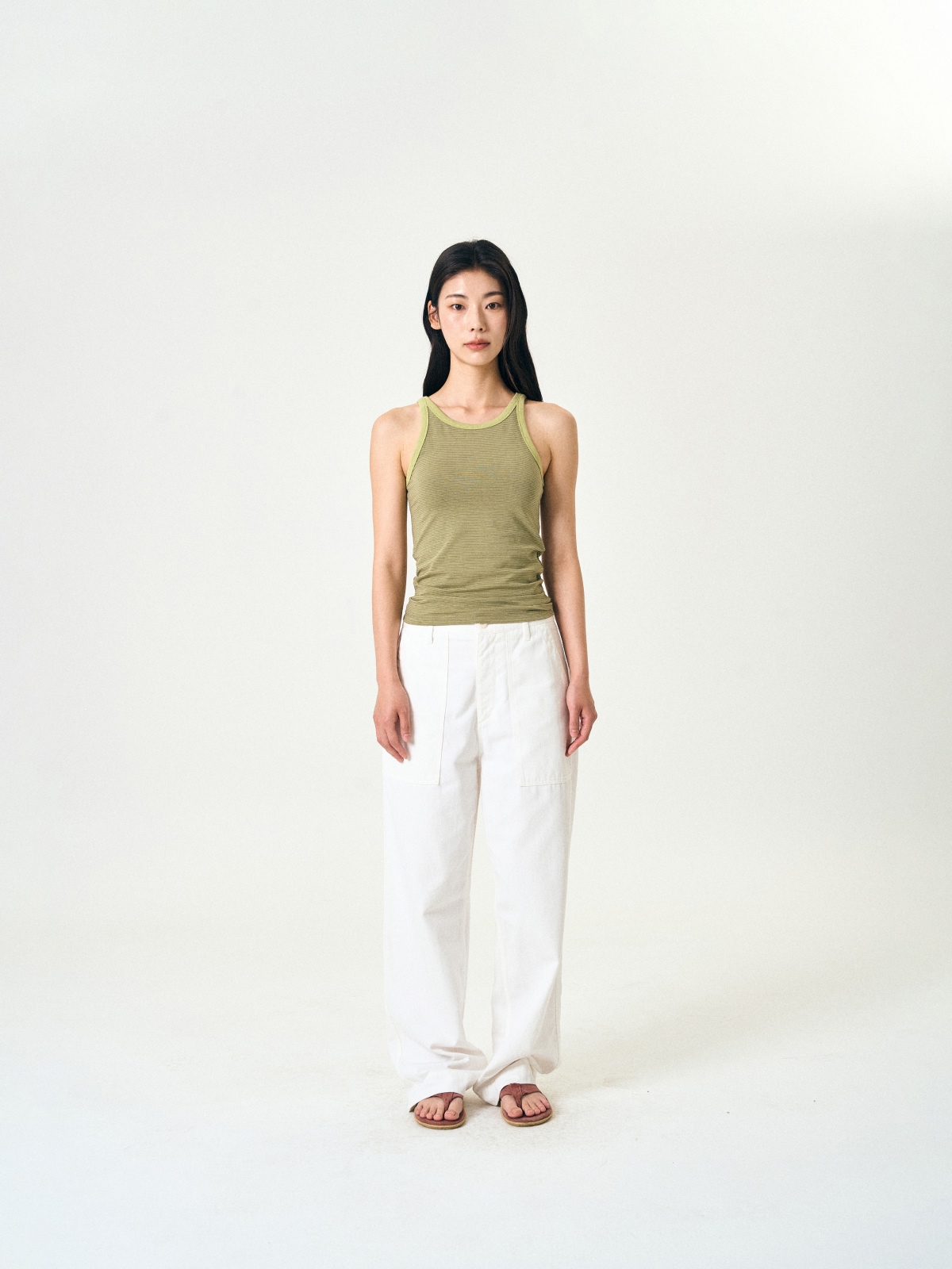 U-neck Sleeveless Top (Stripe Olive)
