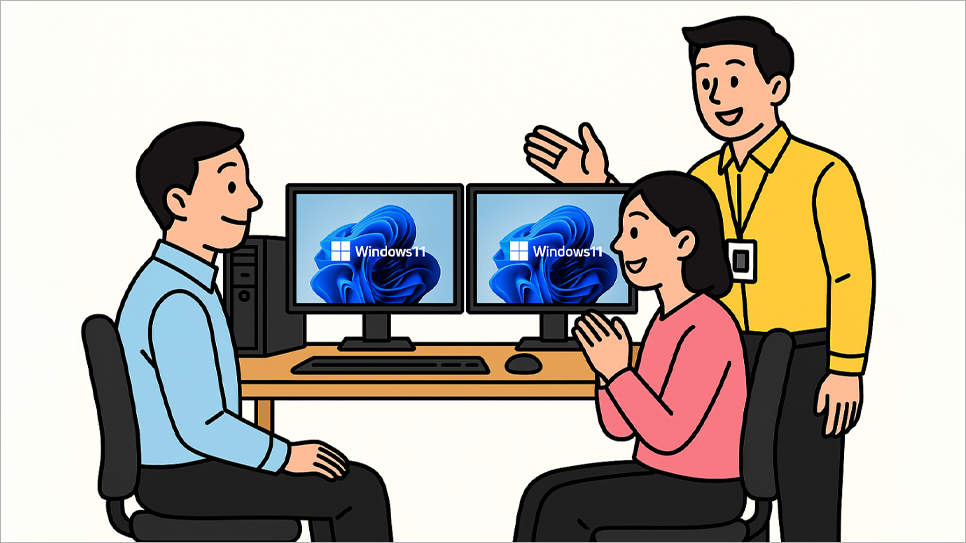 새로운 사무용 컴퓨터와 모니터 세팅이 마음에 드는 고객사 직원들과 인성 직원