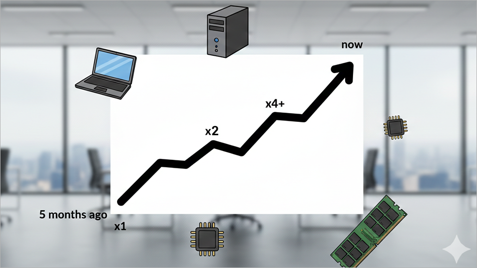 단 5개월만에 디램의 가격은 약 4~5배 이상 치솟고 있다는 차트 이미지