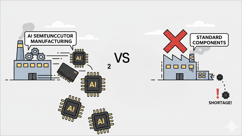 한 공장에서 AI를 위한 칩과, 일반 칩들이 같이 만들어지다보니, AI칩에 밀려 일반 칩이 덜 만들어지고 있다는 이미지