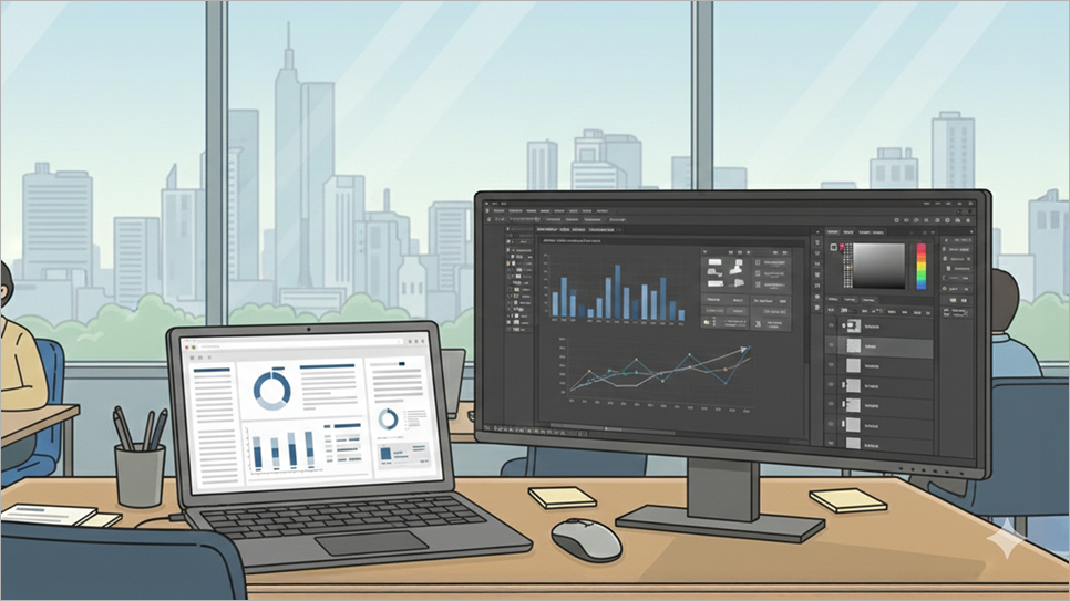 요새 사무실은, 노트북과 큰 모니터 1대를 세트로 구성하여 업무용으로 활용하는 모습
