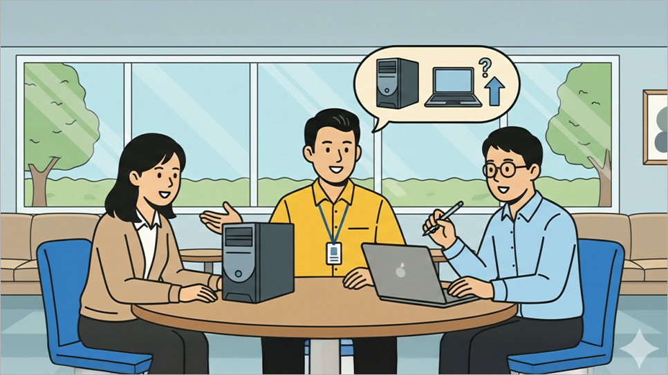 직군별, 업무별 어떤 컴퓨터를 사용하면 좋을지 상담을 받고 있는 고객사와 상담을 해주는 인성아이티 직원