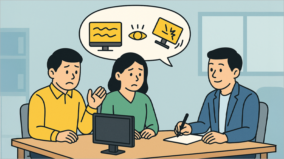 고객사와 오래된 모니터에 대한 상담을 진행하는 모습