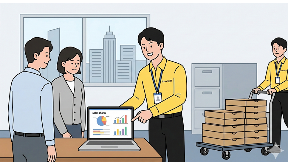 HP ProBook 4 G1i 노트북 납품하여 간단한 설명 중인 모습