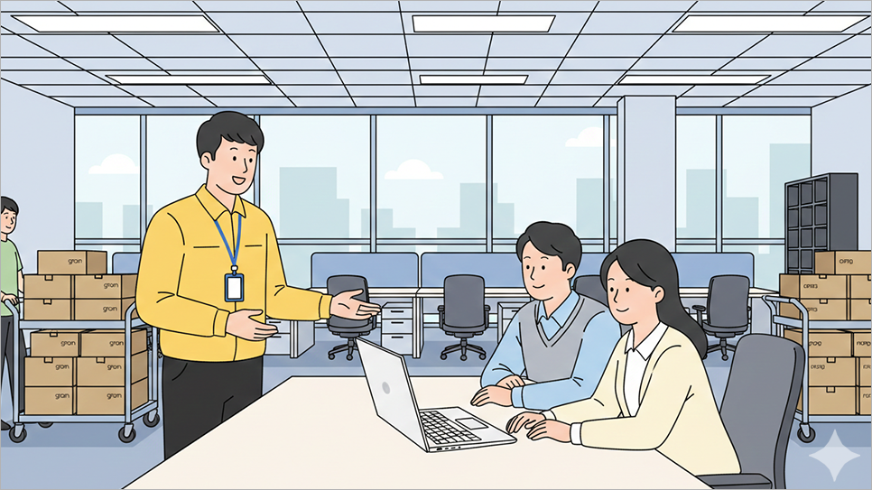 기업 노트북 견적 및 납품 후 간단한 사용 설명중인 모습