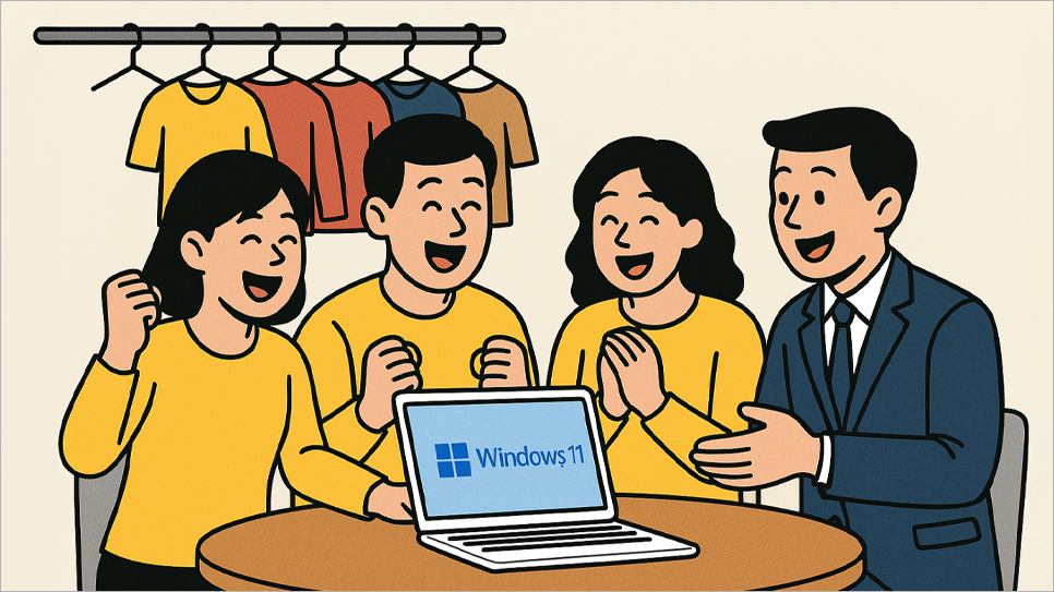 의류 제조 기업에서 영업팀 사무용노트북을 새로 납품 받고 기뻐하는 모습