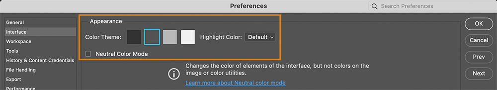 환경 설정 > 인터페이스에서 중간 색상 모드를 선택