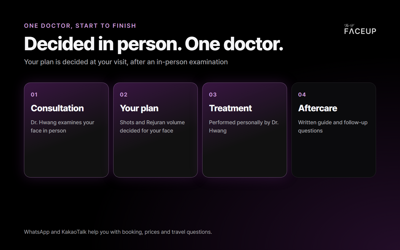 One doctor from start to finish – consultation, plan, treatment and aftercare by Dr. Hwang One doctor from start to finish – consultation, plan, treatment and aftercare by Dr. Hwang