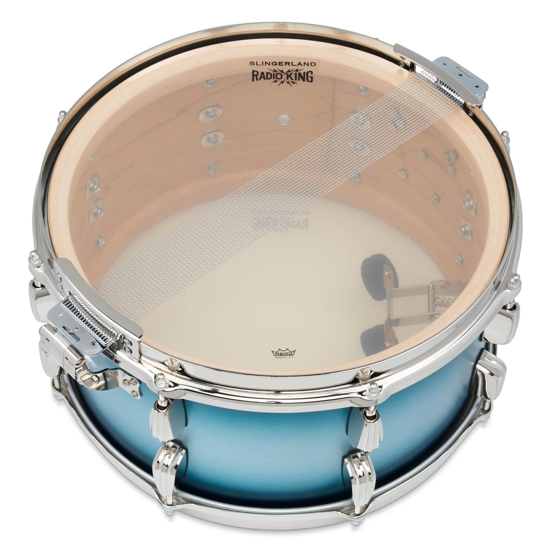슬링거랜드 라디오킹 스네어 드럼 14 x 7 블루 실버 라커 Radio King Blue and Silver LacquerSnare Drum, 7x14″ 복제
