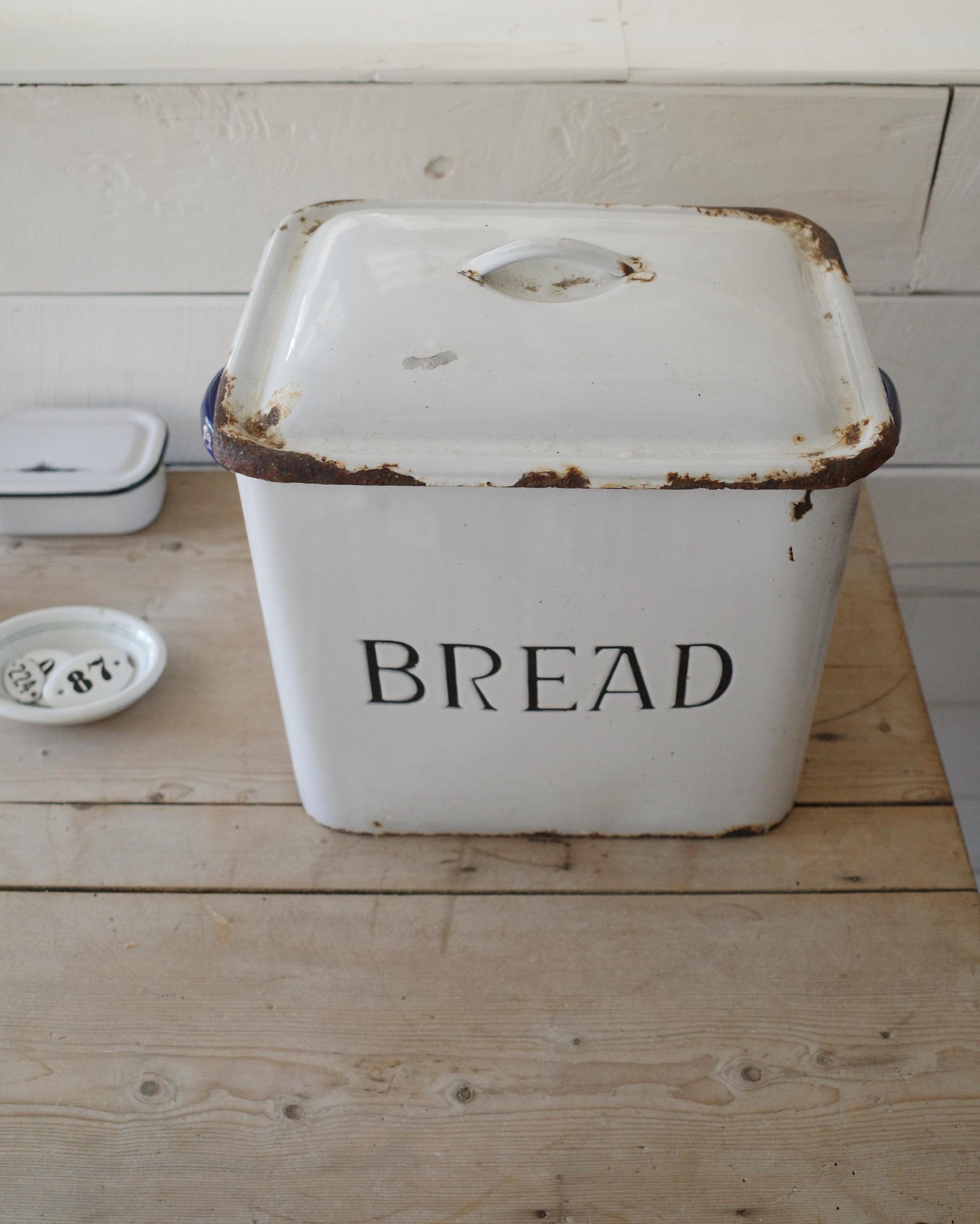 vintage white enamelware bread box Brocante at Home