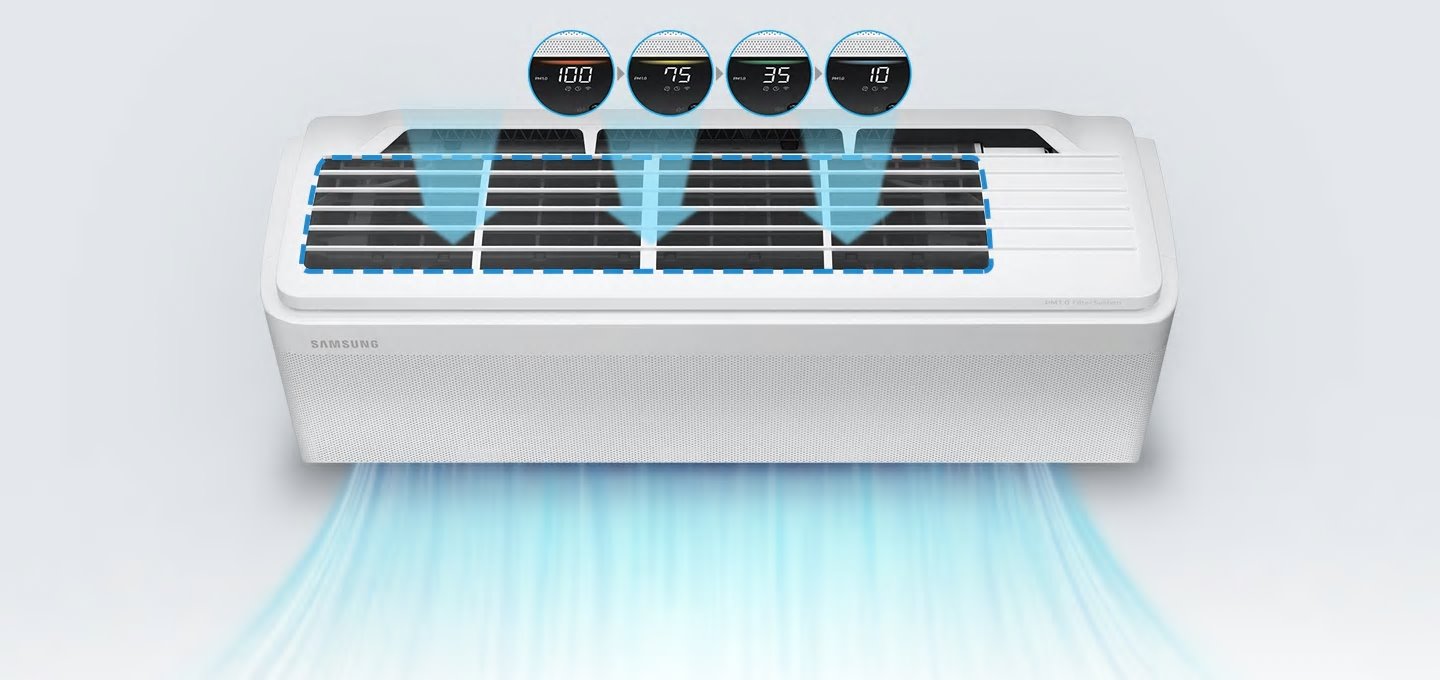 오로라 디스플레이에 공기 상태에 따라 빨간색 100, 노란색 75, 초록색 35, 파란색 10으로 표시된 모습이 보이며, 제품 위에서 아래로 공기가 순환되는 듯한 모습이 보입니다.