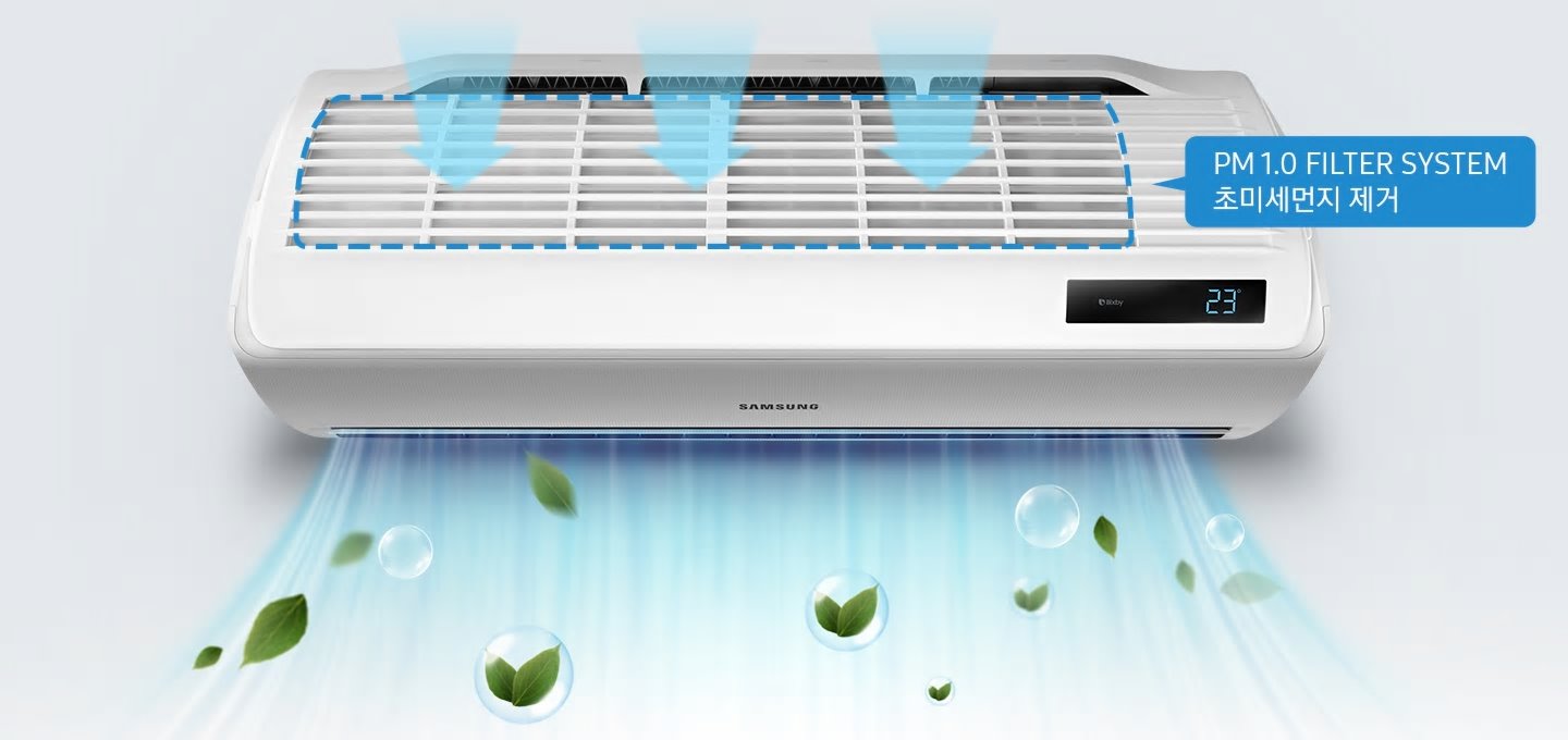 PM 1.0 필터가 실내 공기 중의 미세먼지를 제거하는 설명의 이미지가 보여지고 있습니다.