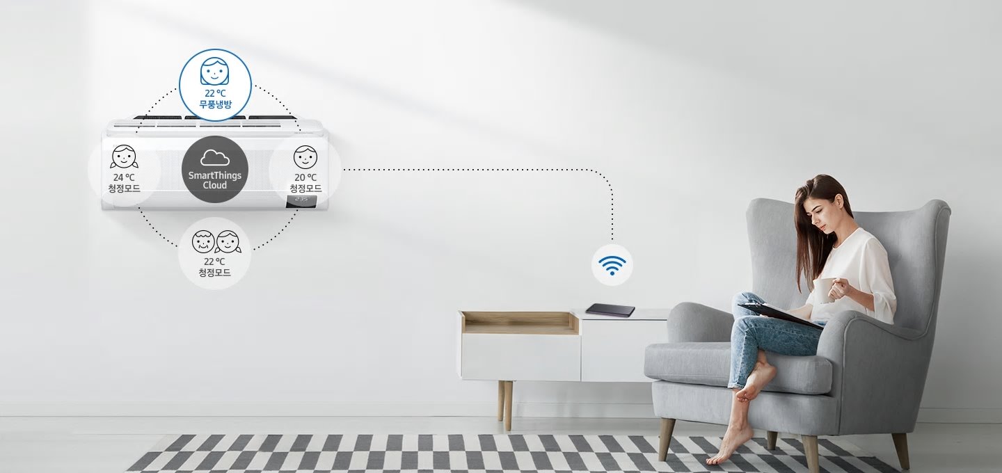 에어컨과 스마트폰을 연결하여 목소리로 냉방을 설정하고 있습니다.