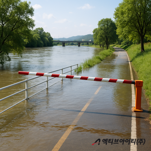 집중호우로 인해 수위가 상승한 하천과 출입이 통제된 산책로