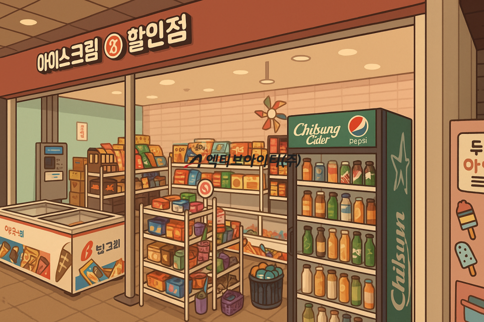 지하철 역사 아이스크림 할인점 일러스트와 무선 라우터 사용이 필요한 매장 구조 표현