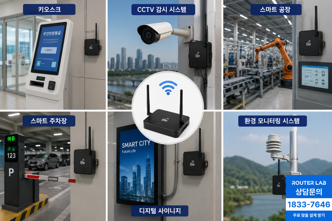 키오스크, CCTV, 스마트 공장, 스마트 주차장 등 무선 LTE 라우터가 적용된 다양한 4차 산업 핵심 인프라 예시