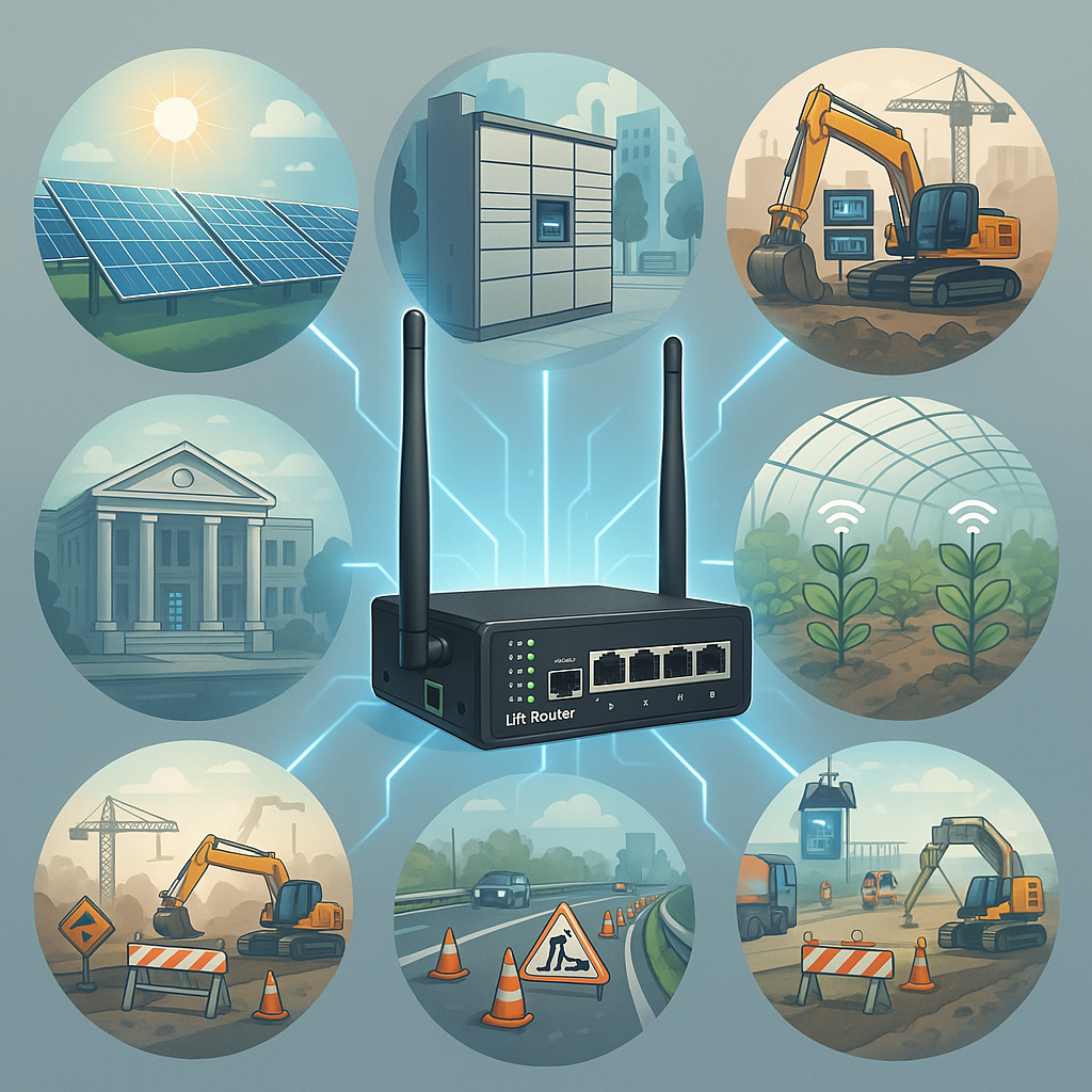 "IPR-402W LTE 라우터가 태양광 발전소, 스마트팜, 건설 현장 등 다양한 산업 환경과 연결된 이미지"