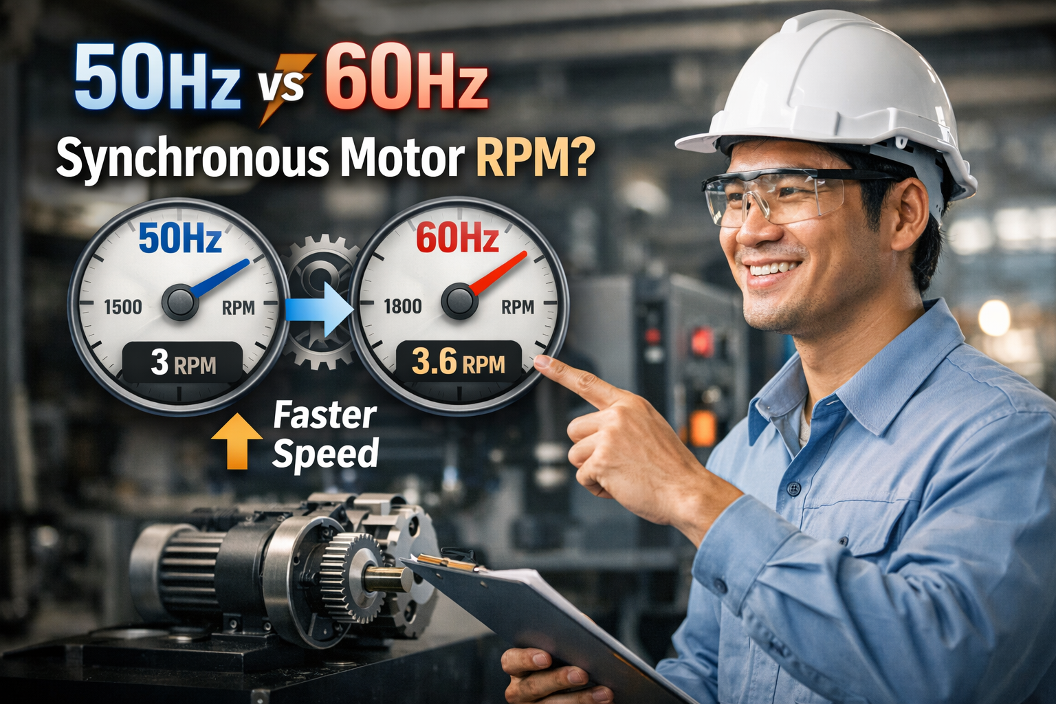 50Hz vs 60Hz 전원 주파수 차이에 따른 싱크로너스 모터 RPM(회전수) 변화 비교 이미지 – 공장 현장에서 엔지니어가 50Hz(3 rpm)와 60Hz(3.6 rpm) 속도 차이를 계기판 그래픽으로 설명하는 장면  50Hz vs 60Hz synchronous motor RPM comparison image – engineer explaining how AC line frequency changes constant-speed synchronous motor output (50Hz 3 rpm vs 60Hz 3.6 rpm) with side-by-side gauges in an industrial setting