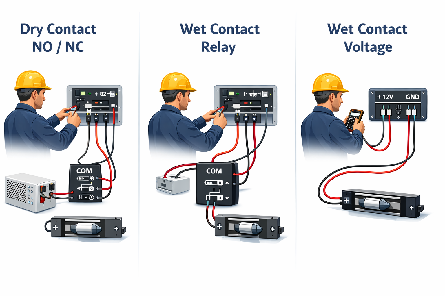 무전압 접점(Dry Contact)과 유전압 접점(Wet Contact), NO/NC 접점 방식 차이를 한 화면에서 비교한 일러스트 이미지 – 안전모를 쓴 설치 작업자가 출입통제 컨트롤 패널과 릴레이/전원부, 전기 스트라이크(전기정)를 배선하는 장면을 3분할 구성으로 보여주며, 무전압 접점 NO/NC 배선, 유전압 릴레이 연동, 유전압 직접 출력 방식의 연결 흐름을 시각적으로 이해할 수 있는 출입통제 시스템 연동 참고 이미지 Illustration comparing Dry Contact (NO/NC) and Wet Contact outputs for access control wiring – a technician connects an access controller panel, relay/power module, and an electric strike, shown in three side-by-side scenes to visualize dry contact NO/NC switching, wet contact relay integration, and wet contact voltage output wiring for electric lock system integration reference