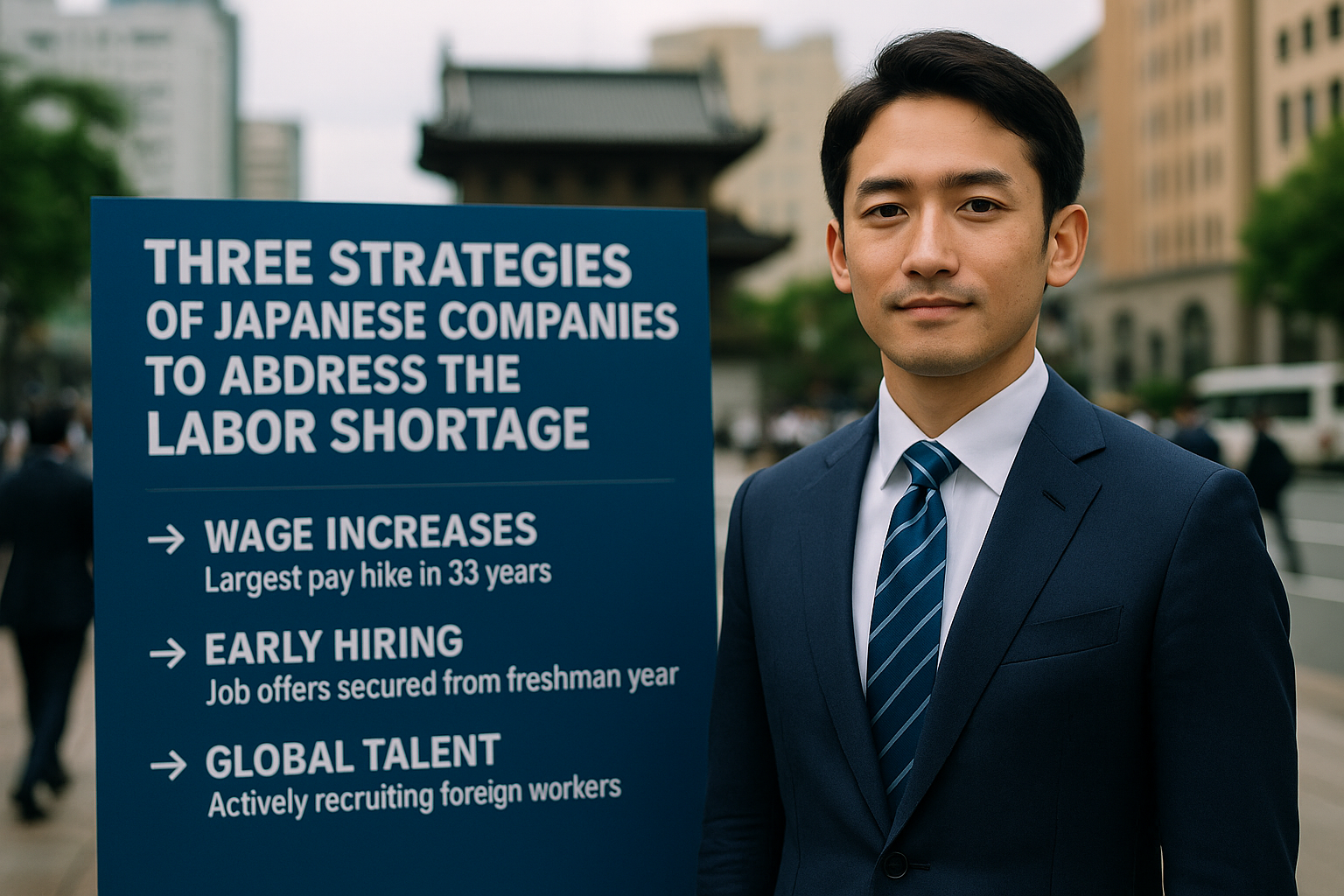 일본 일손 부족 대응 전략: 임금 인상, 조기 채용, 해외 인재 유치 | Japanese labor shortage response strategies concept