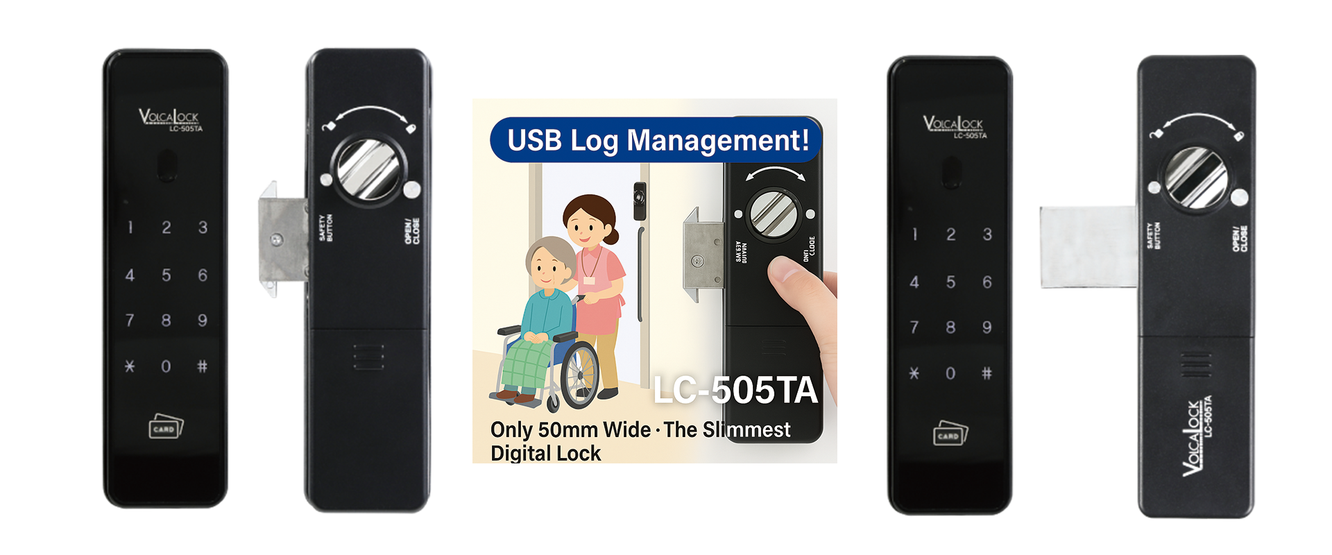 LC-505TA 디지털도어락 제품 이미지로 비밀번호 키패드와 핸들 일체형 구조를 적용한 주거용 현관문 전자식 도어락