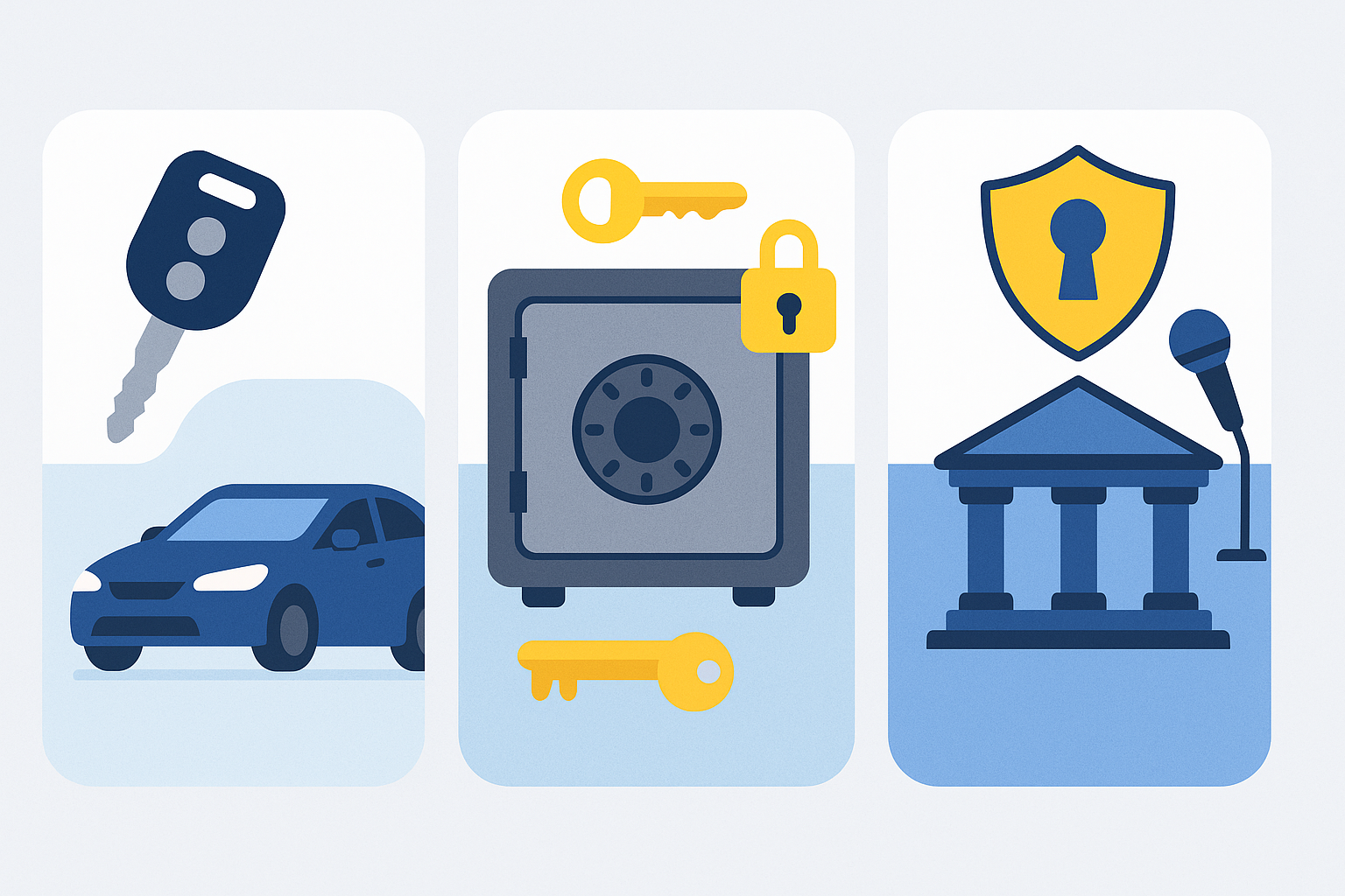 ALOA 2025 events overview illustration with icons for car keys safes and security convention ALOA 2025 행사 요약 이미지로 자동차 키·금고·보안 컨벤션 아이콘을 포함한 안내 그래픽