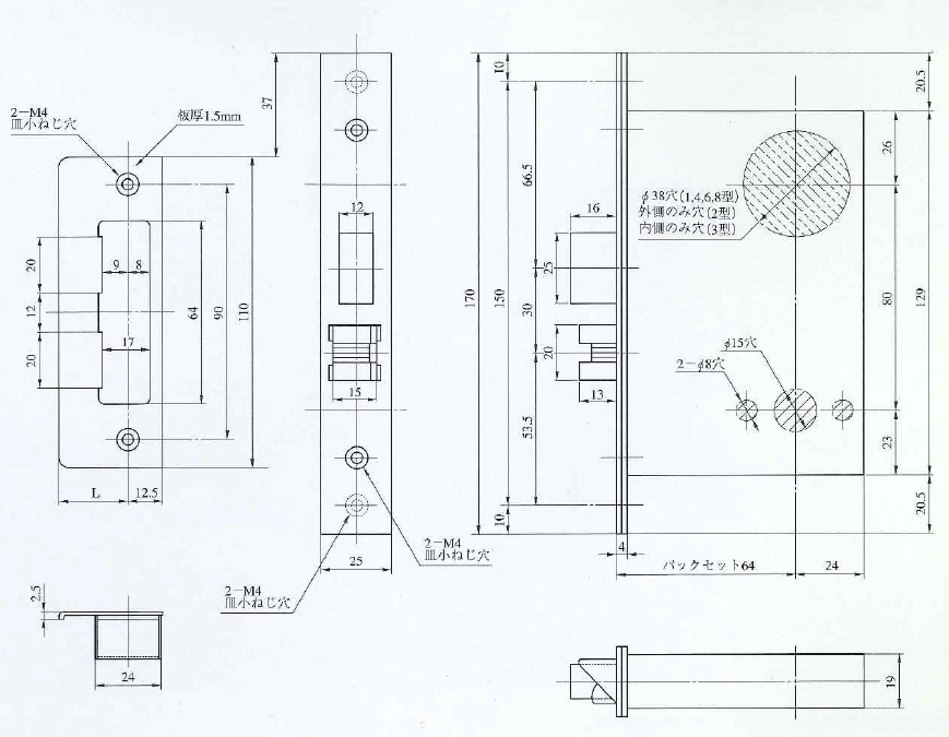 미와 마린락 SCL 시리즈 도면 이미지(백셋 64, 스페이싱 80, 타공/치수 참고) / MIWA Marine Lock SCL series drawing image (backset 64, spacing 80, drilling and dimensions)
