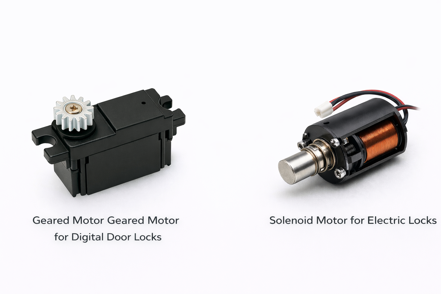Comparison of a geared motor used in digital door locks and a solenoid motor used in electric locks, showing rotational motor drive versus linear solenoid actuation  디지털도어락에 사용되는 감속모터와 전기정에 사용되는 솔레노이드 모터를 나란히 비교한 이미지로 회전 구동 방식과 직선 구동 방식의 차이를 보여줌