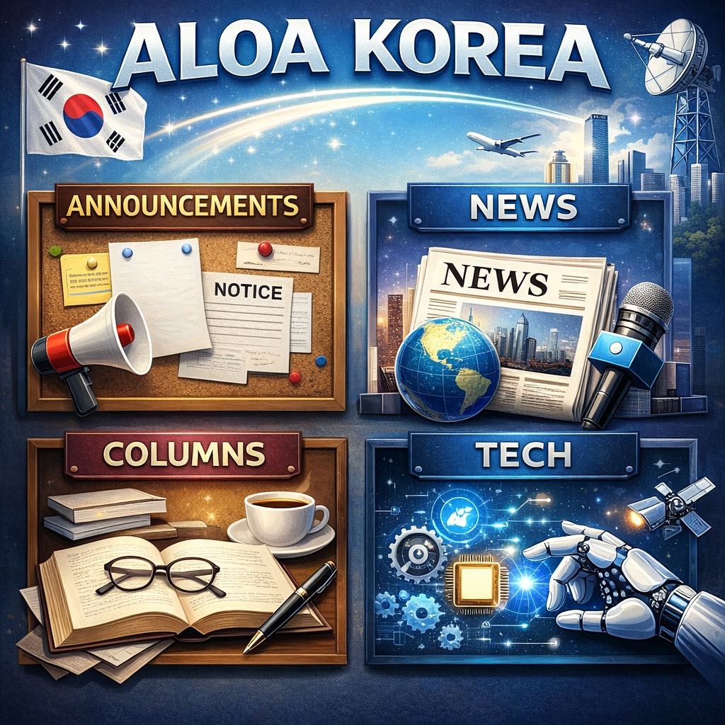 ALOA KOREA 게시판 목차를 소개하는 메인 이미지, 공지사항·뉴스·칼럼·기술 섹션을 한눈에 보여주는 보안·락스미스 정보 허브 안내 배너  Hero image for the ALOA KOREA board table of contents, showcasing the ANNOUNCEMENTS, NEWS, COLUMNS, and TECH sections as a security and locksmith information hub banner