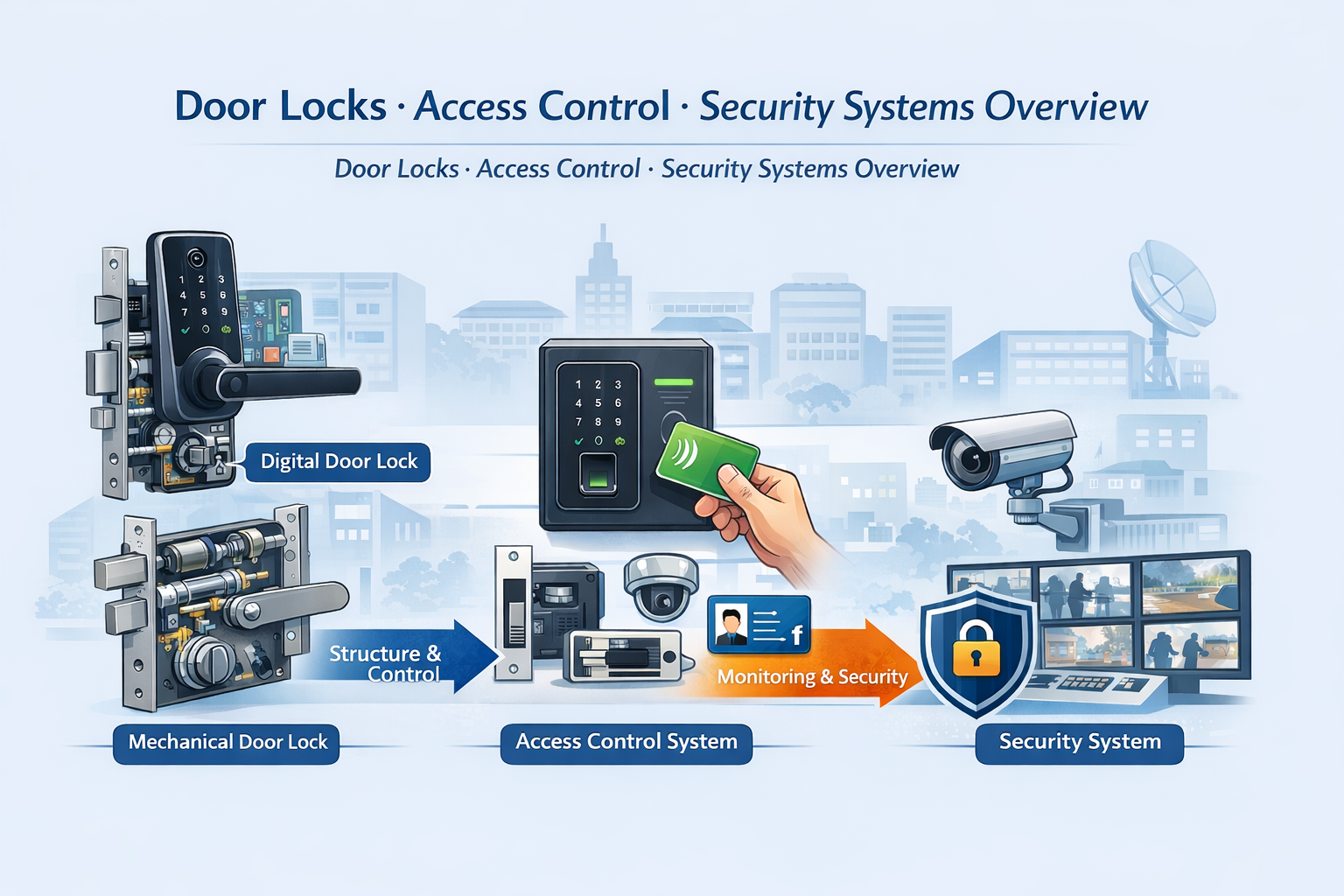 도어락, 디지털도어락, 출입통제 시스템 및 보안 시스템의 핵심 구조와 작동 흐름을 한눈에 보여주는 기술 아카이브 개요 이미지 Overview image illustrating the structure and workflow of door locks, digital door locks, access control systems, and integrated security systems