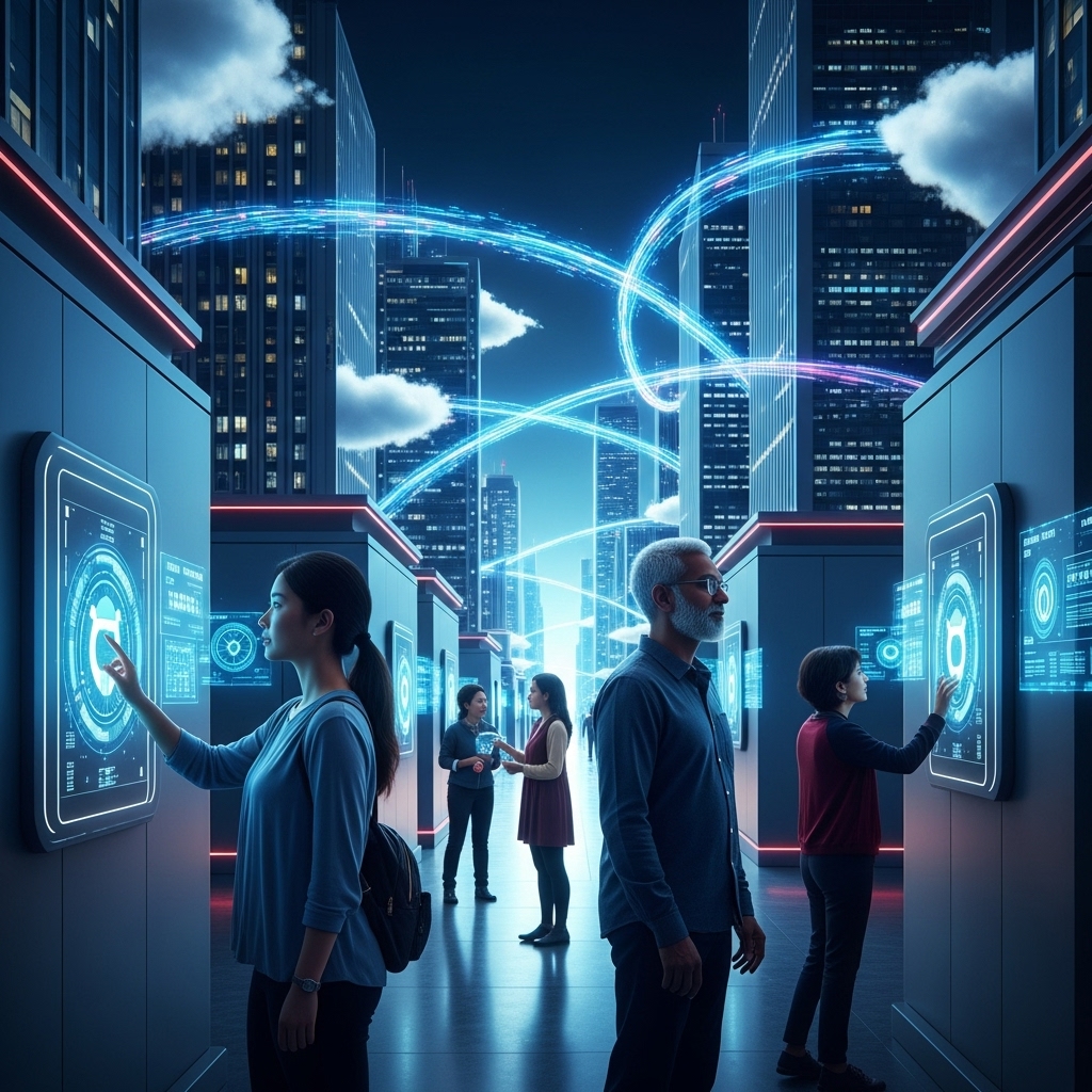 미래 도시의 클라우드 데이터와 연결된 보안 액세스 제어 시스템과 사람들 (The future of access control with people, modern buildings, and cloud data integration in a futuristic cityscape)