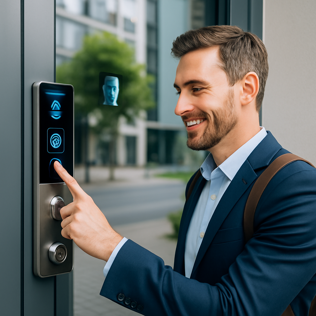 전자 출입통제 시스템을 사용하는 직장인 | Businessman using biometric access control system on glass door