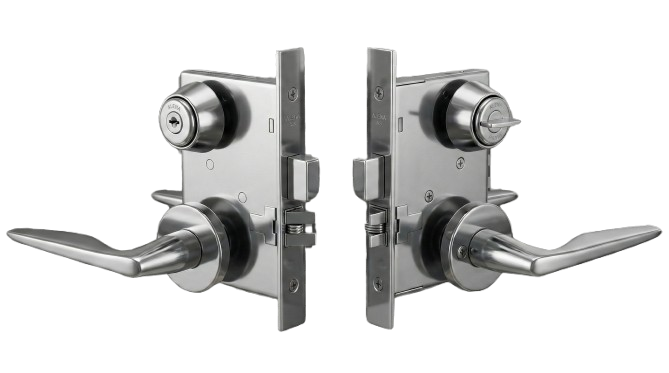 미와 마린락 U9SCL56-1 레버핸들 모티스락 제품 이미지(실외 실린더 + 실내 섬턴, 선박·해양 환경 적용) / MIWA Marine Lock U9SCL56-1 lever handle mortise lock (outside cylinder + inside thumb-turn) for marine environments
