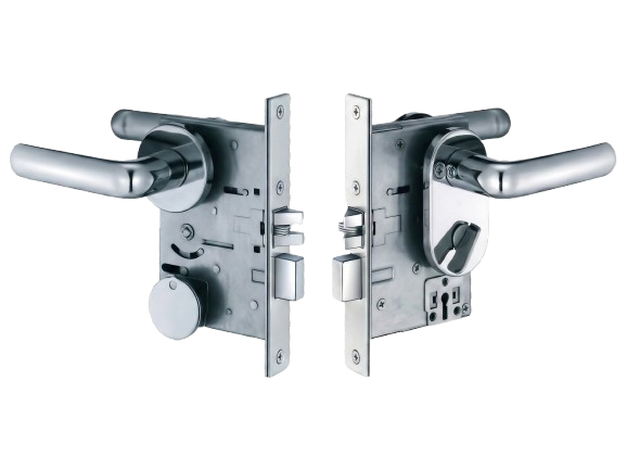 미와 마린락 SVL57-1 레버핸들 모티스락 제품 이미지(키 조작-섬턴 연동 메커니즘, 선박·해양 환경 적용) / MIWA Marine Lock SVL57-1 lever handle mortise lock image (key-thumbturn interlock) for marine environments