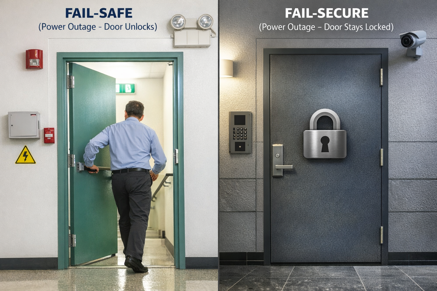 정전 시 전기정 동작 비교 이미지 – Fail-Safe(정전 시 잠금 해제) 환경에서 사람이 비상문을 열고 이동하는 장면과 Fail-Secure(정전 시 잠김 유지) 출입문이 닫힌 상태로 보안 유지되는 장면을 대비하여 보여주는 사진형 안내 이미지  Scene image comparing electric lock behavior during a power outage – Fail-Safe (unlocks when power is off) shows a person exiting through an opened emergency door, while Fail-Secure (stays locked when power is off) shows a closed secured entrance remaining locked