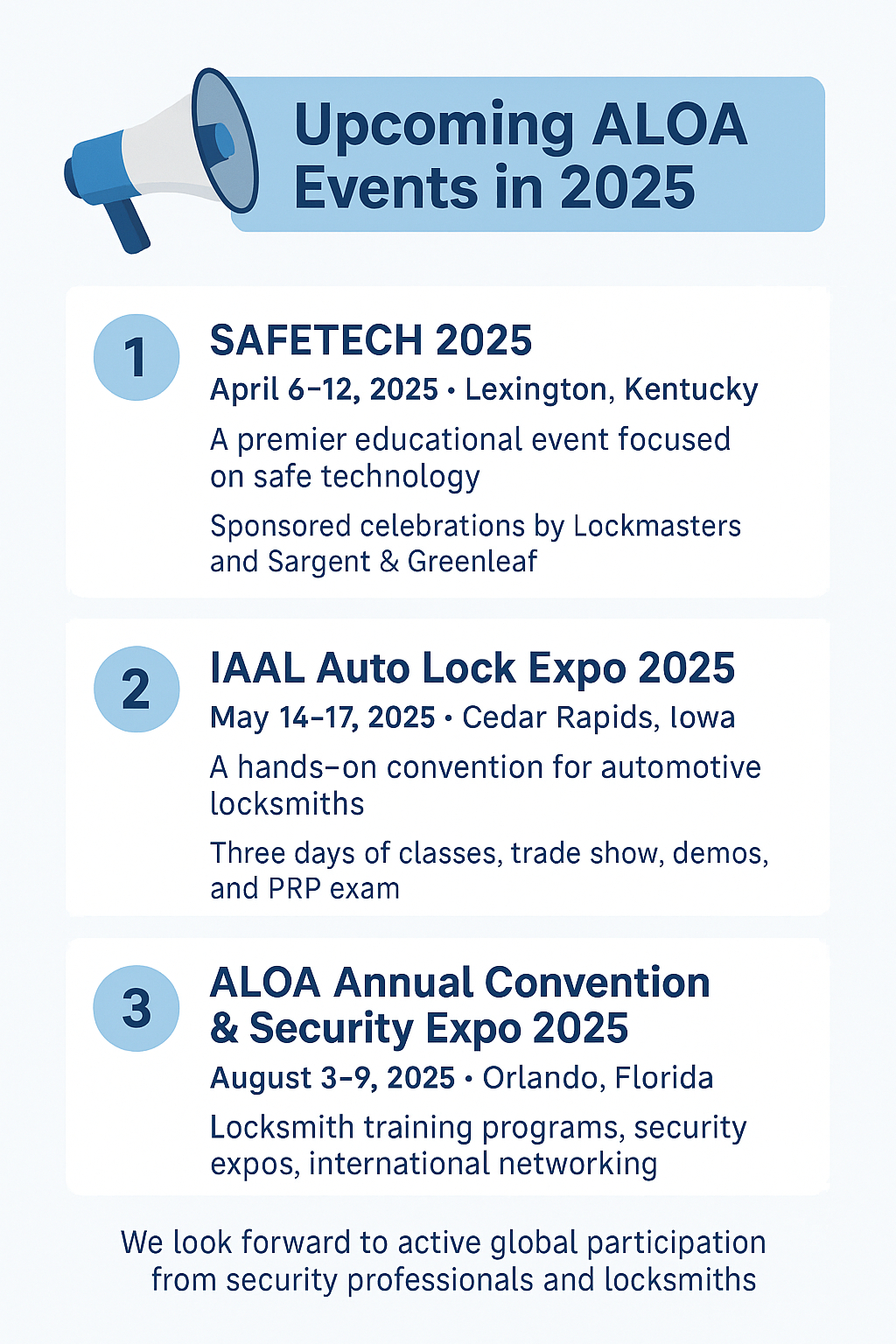 2025년 ALOA SAFETECH, Auto Lock Expo, Security Expo 행사 일정 요약 인포그래픽 | Infographic of ALOA 2025 events including SAFETECH, Auto Lock Expo, and Security Expo