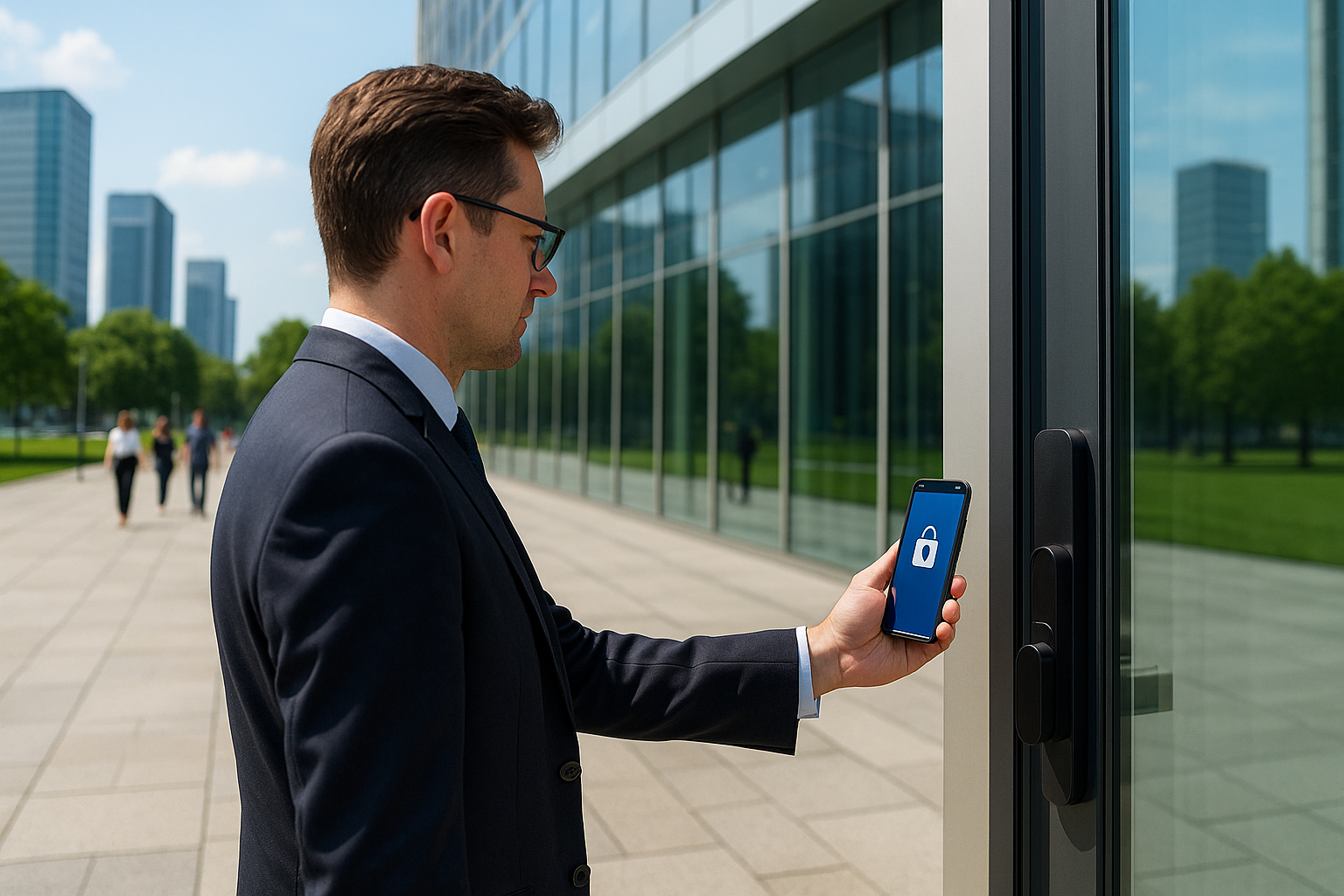 스마트 전자 도어락을 스마트폰으로 개방하는 직장인, 현대 오피스 건물과 도심 풍경, business professional using smart electronic door lock at modern office building with cityscape, smart lock, office security, 비즈니스 보안, 스마트 출입통제, 2025년 최신 스마트락 솔루션