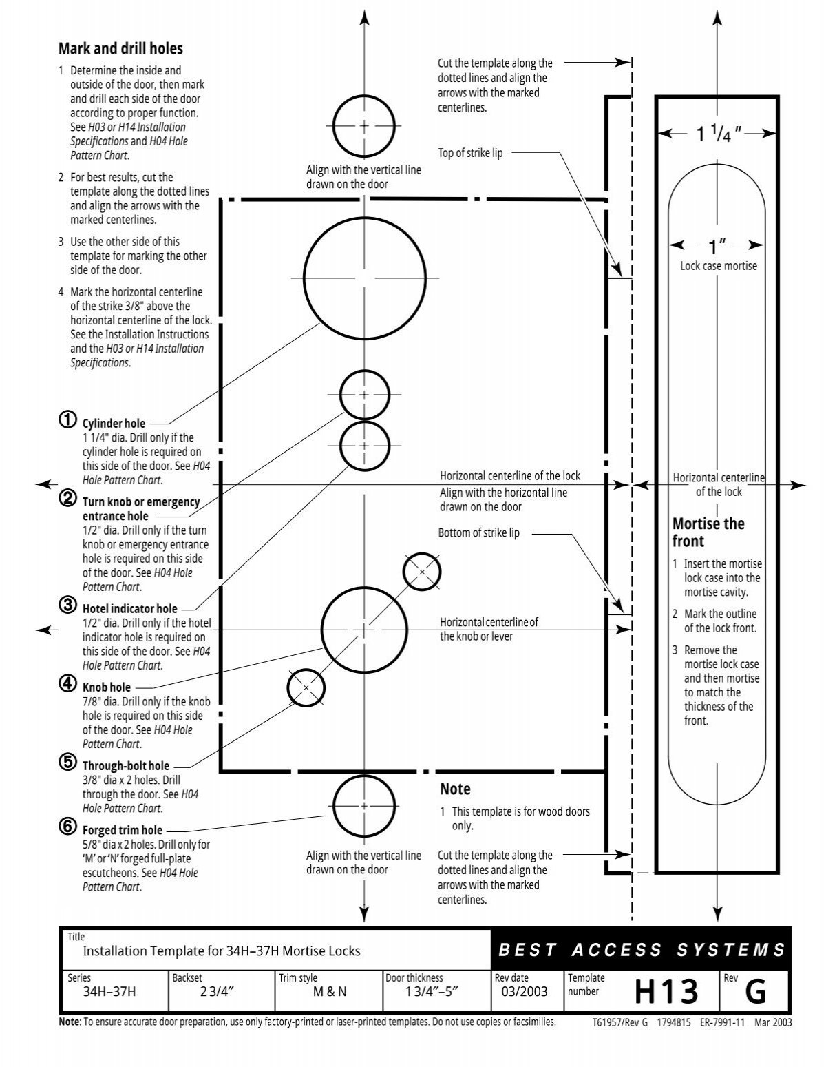 도어락 타공 규격과 설치 구멍 위치를 설명하는 이미지 Door lock drilling pattern diagram showing hole positions, drilling template, backset and mortise installation dimensions