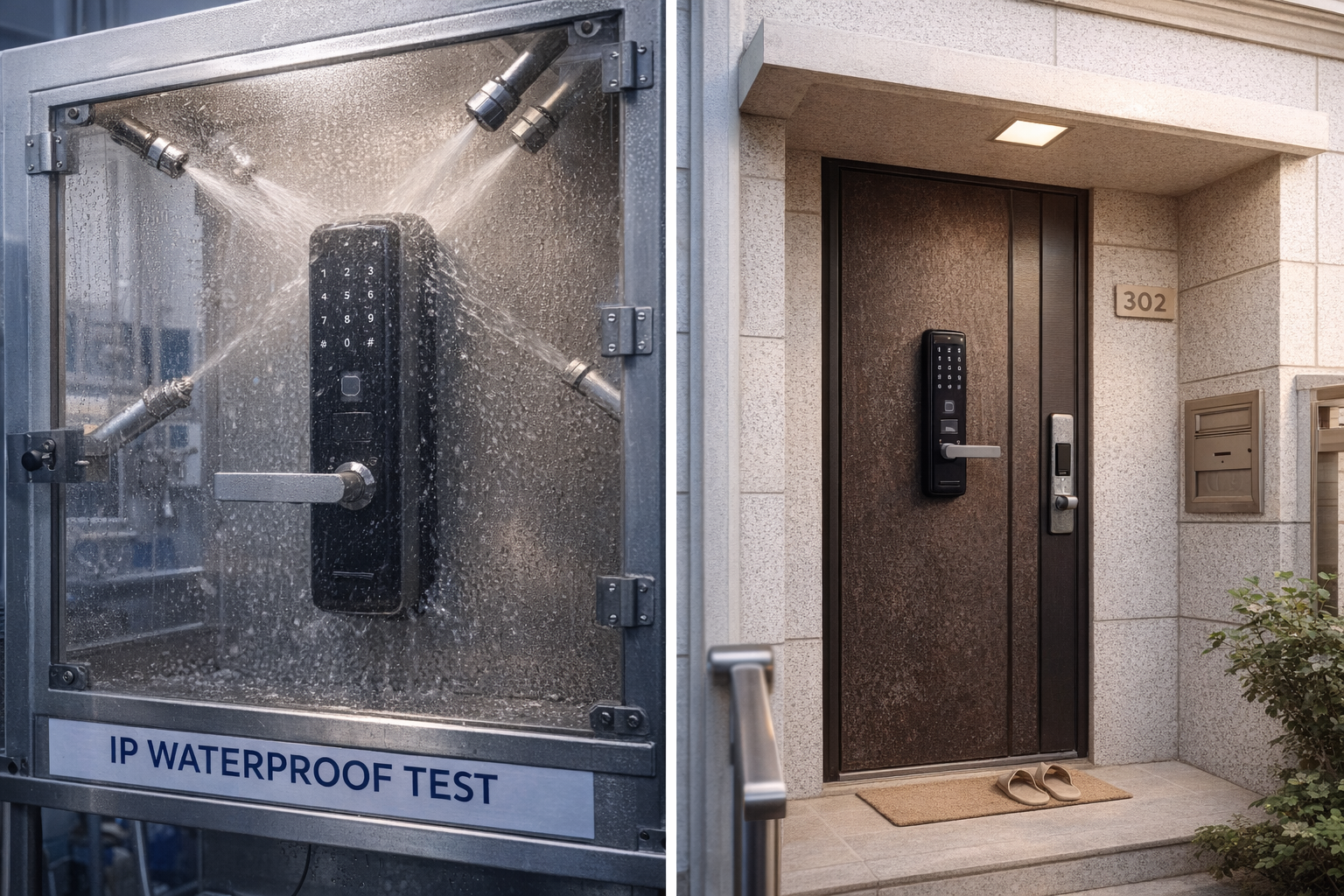 Side-by-side images showing a digital door lock undergoing an IPX4 waterproof spray test in a laboratory chamber and installed on a residential entrance door exposed to rain splash conditions 디지털도어락 방수 성능을 설명하는 비교 이미지로 한쪽은 IPX4 기준 방수 시험 장비에서 물 분사 테스트를 진행하는 장면이며, 다른 한쪽은 비가 직접 쏟아지지 않는 주거용 현관문에 설치된 도어락의 실제 비 노출 환경을 보여주는 사진