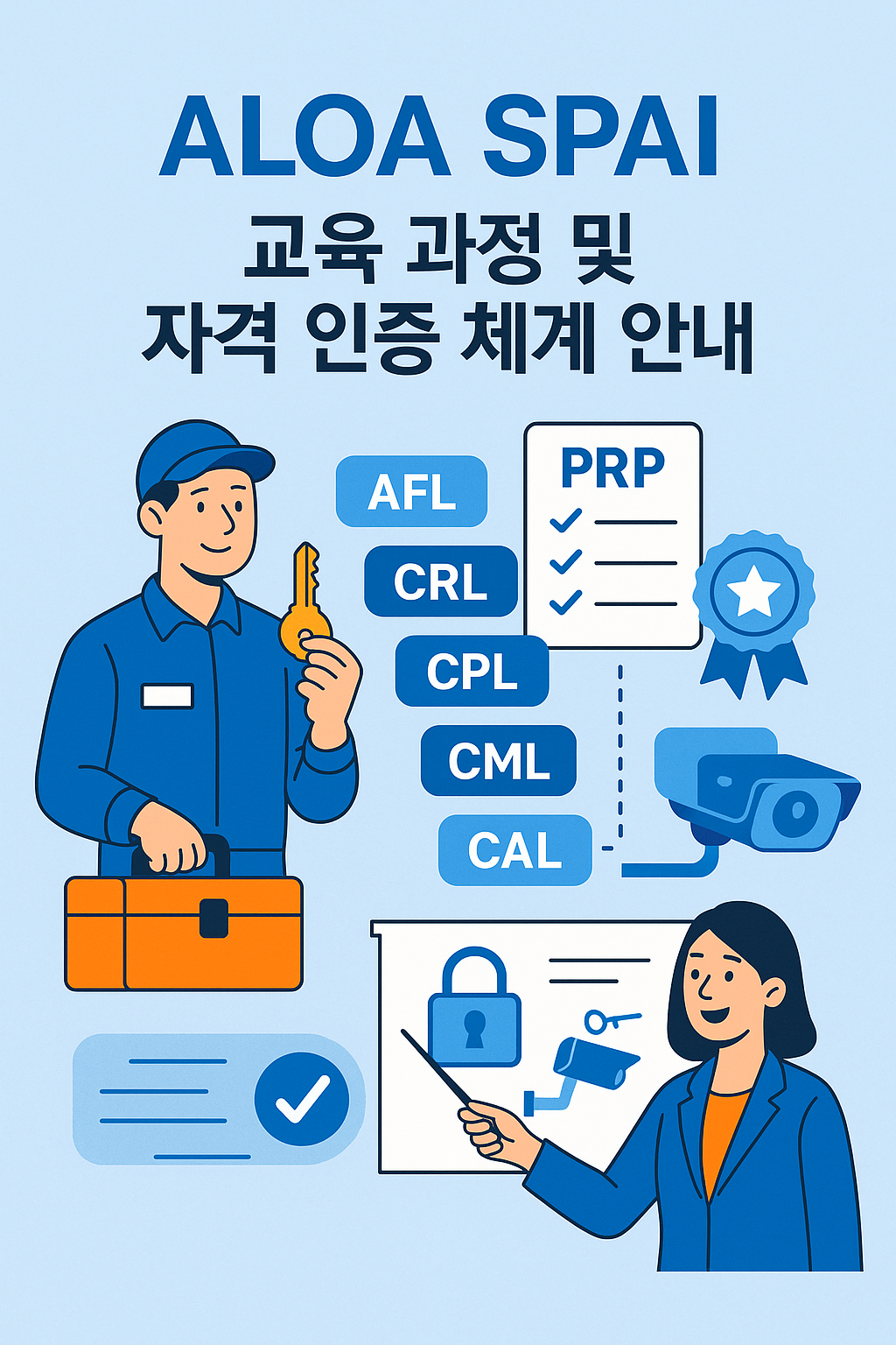 ALOA SPAI certification and training program overview illustration with locksmith and security icons ALOA SPAI의 자격 인증 프로그램과 교육 과정을 요약한 일러스트로 락스미스 및 보안 아이콘이 포함된 안내 이미지