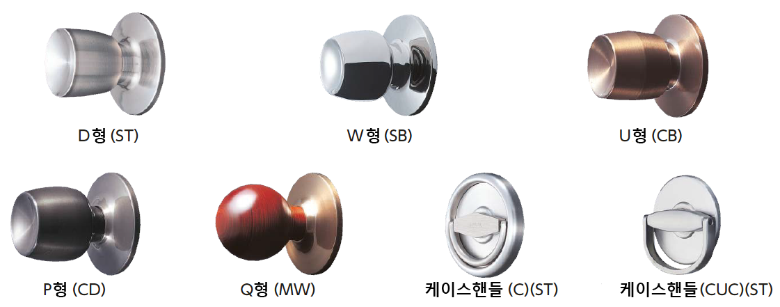 미와락 노브핸들 D형·W형·U형·P형·Q형과 케이스핸들 형상을 비교한 제품 이미지