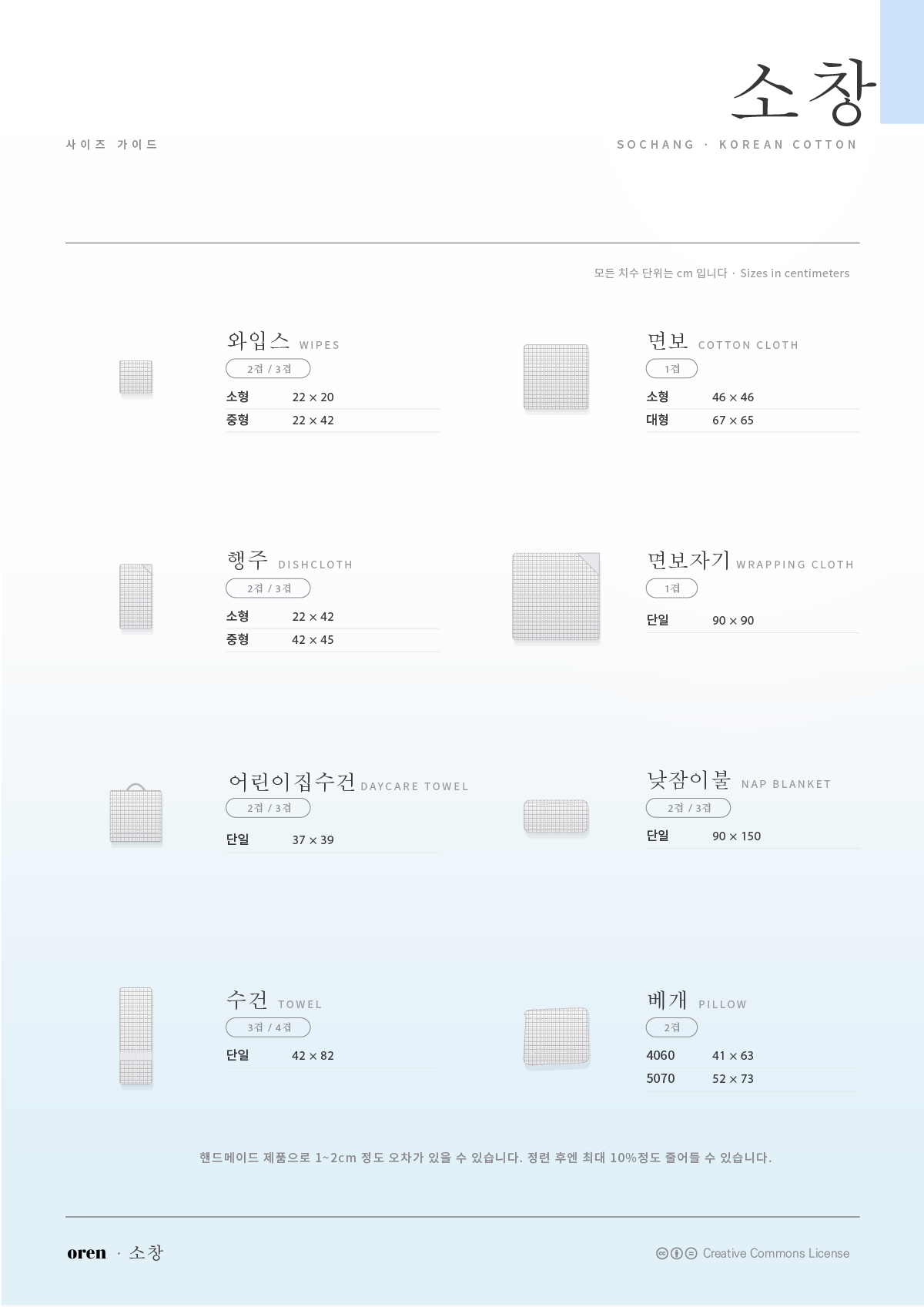강화 소창 사이즈 보기, oren, 오랜, 소창수건, 소창와입스, 소창행주, 연순직물, 면보, 면행주, 순면행주, 먼지없는수건, 민감성수건