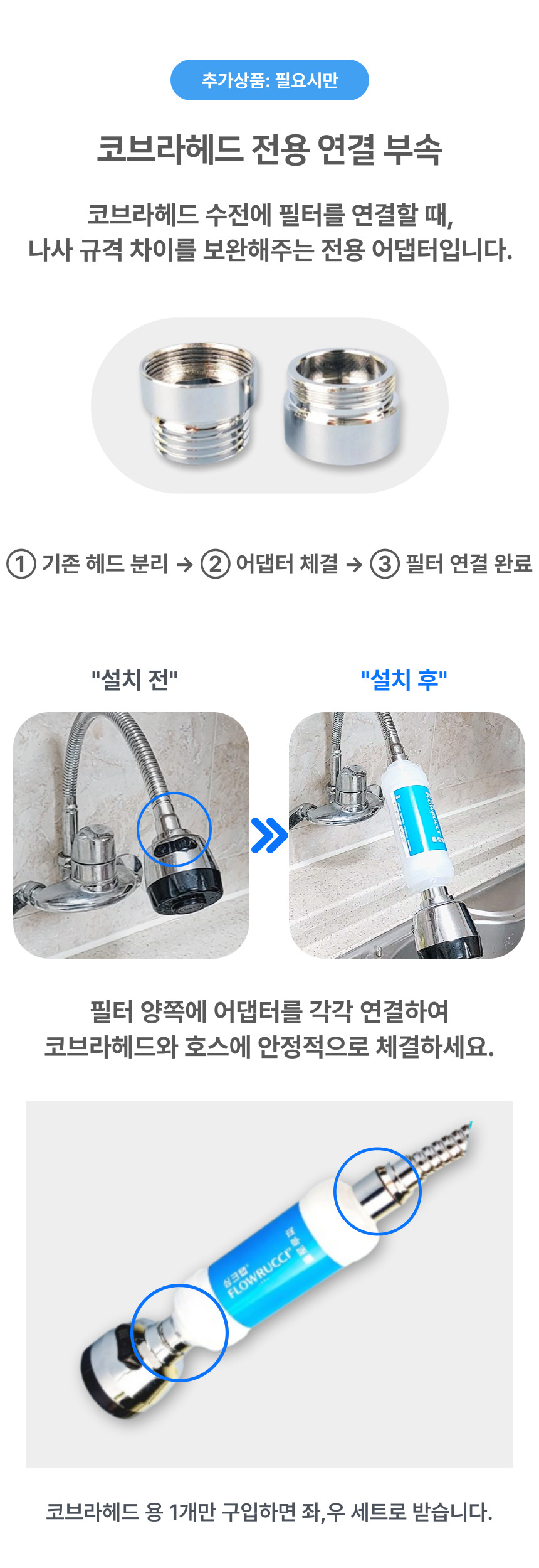 추가 옵션: 플로루찌 필터를 코브라헤드 수전에 연결할 때 사용하는 전용 어댑터 안내 이미지로, 기존 헤드 분리 후 어댑터 체결 및 설치 전후 비교와 실제 연결 예시를 단계별로 보여줌