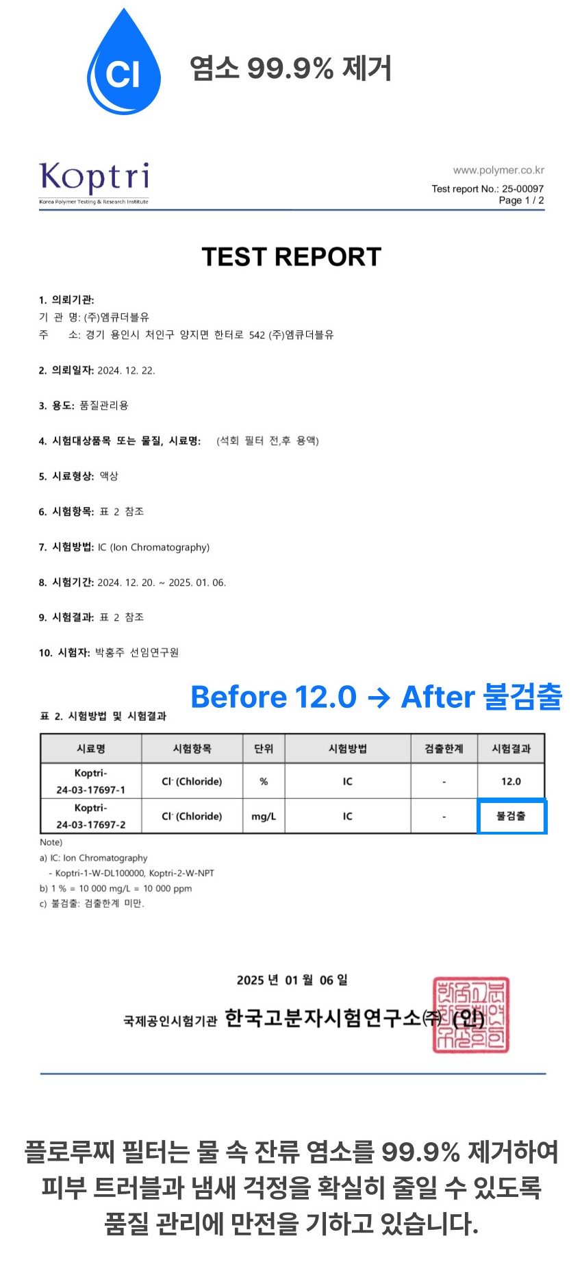염소 제거 성능 시험 99.9% 필터링 성적서 이미지