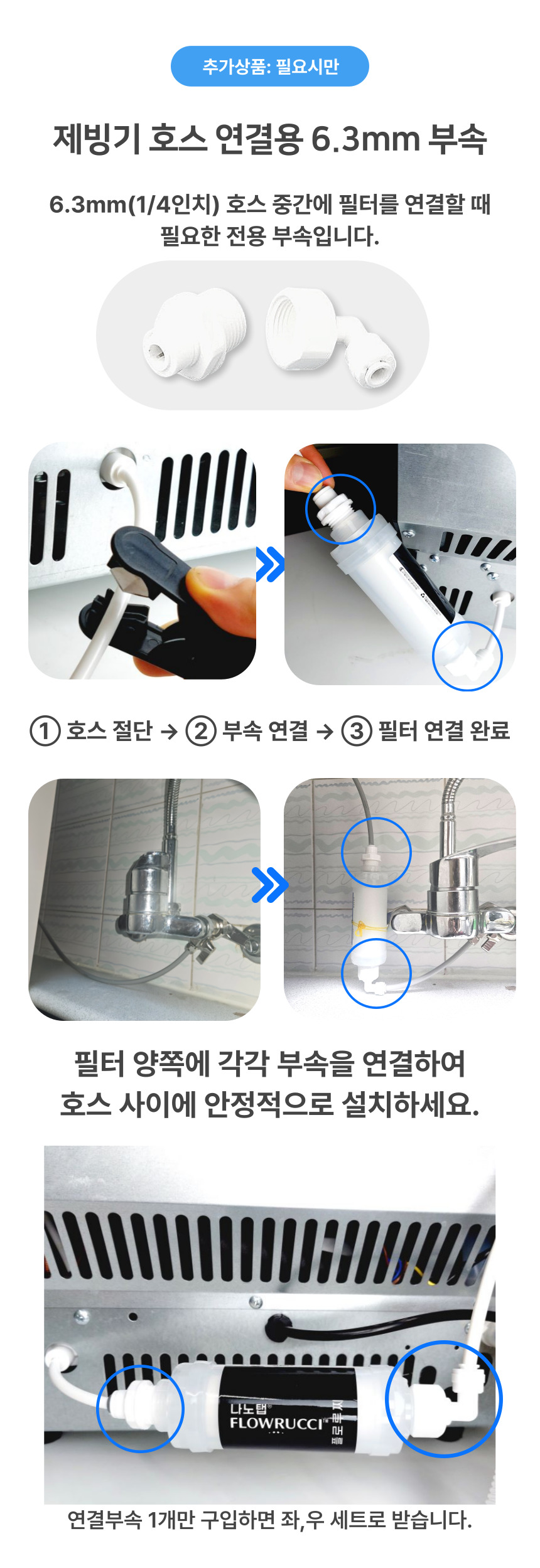 추가 옵션: 플로루찌 필터를 제빙기 6.3mm 호스 중간에 연결할 때 사용하는 전용 부속 안내 이미지로, 호스 절단부터 부속 체결, 설치 전후 비교와 실제 연결 예시까지 단계별로 보여줌