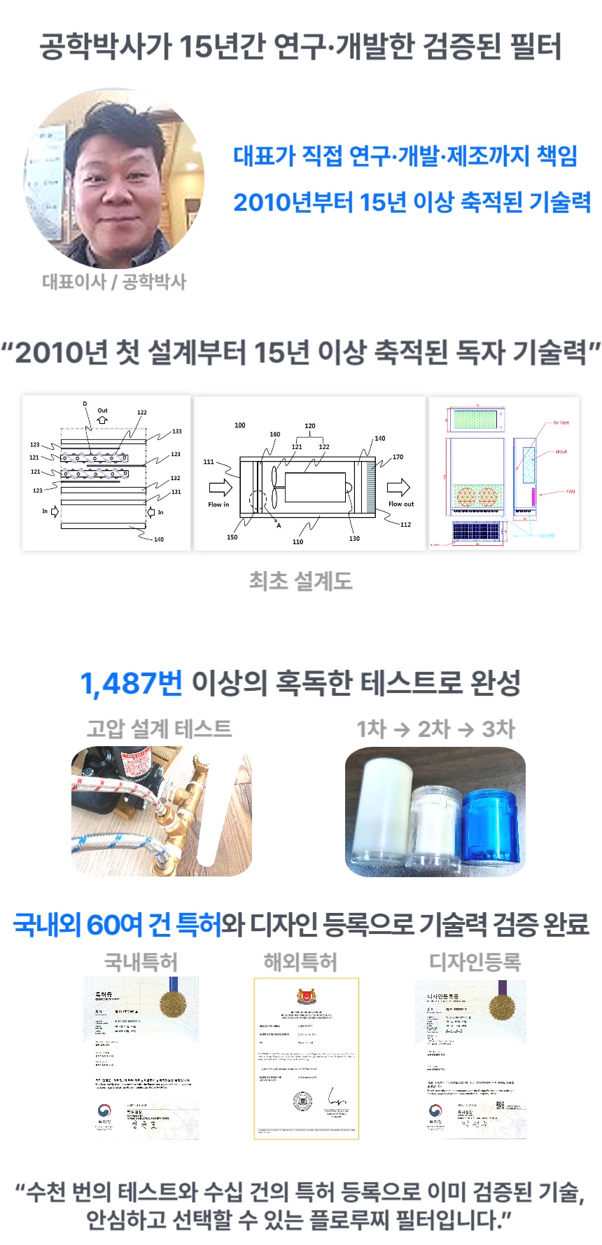 대표이사 공학박사 – 직접 개발·생산·특허