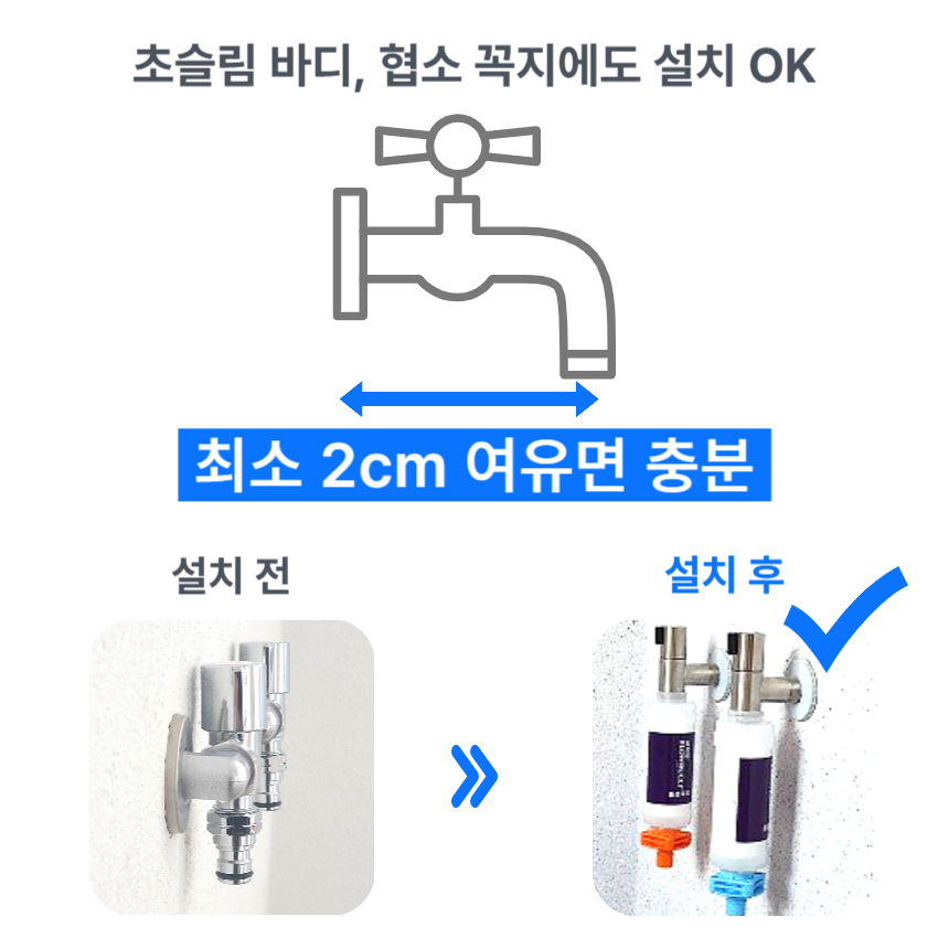 초슬림 바디, 협소 꼭지에도 설치 가능, 최소 2cm 여유 공간만 있으면 충분