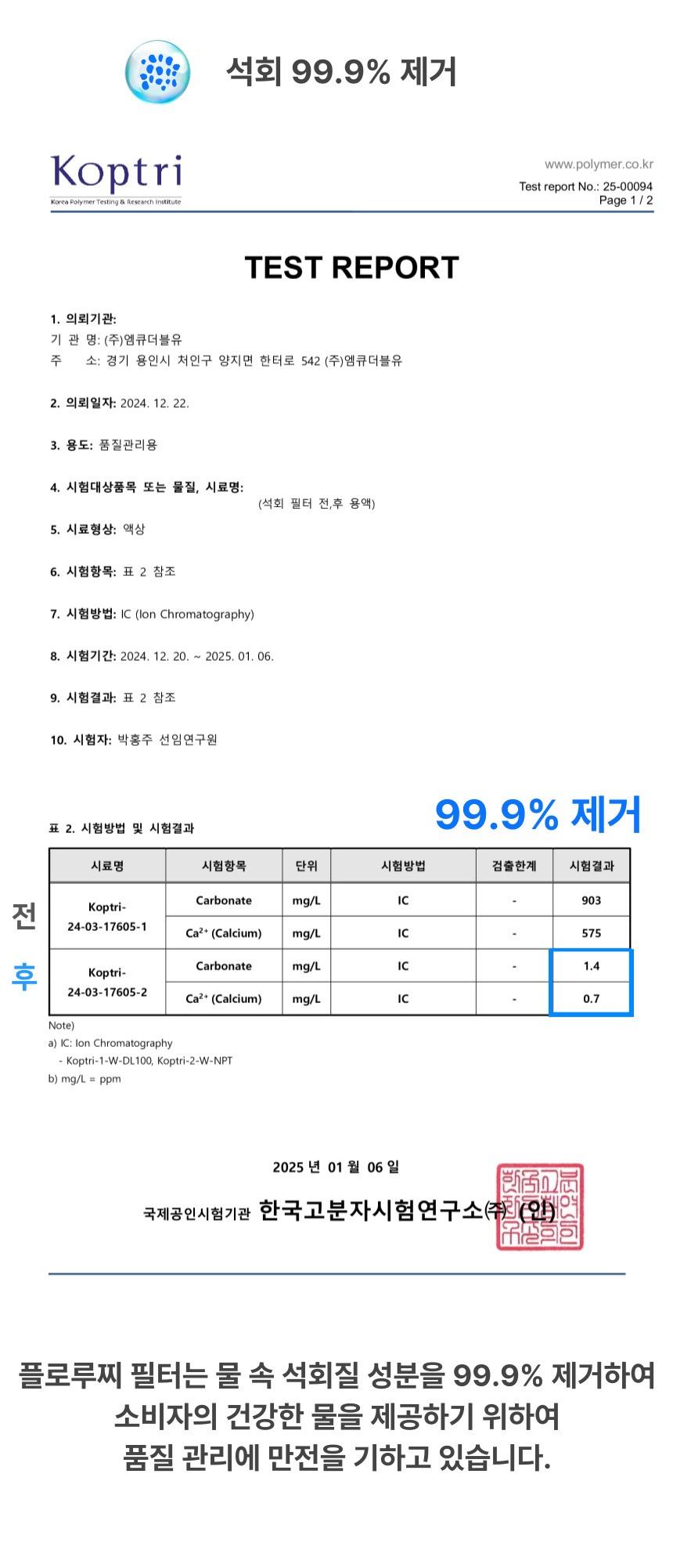 석회 제거 성능 시험 99.9% 필터링 성적서 이미지