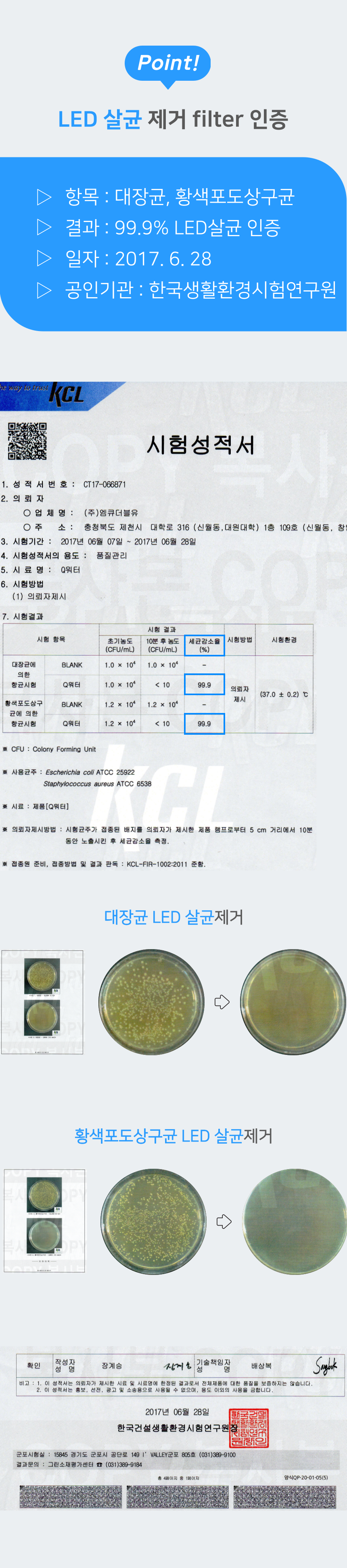 대장균·포도상구균 살균 시험 성적서 요약