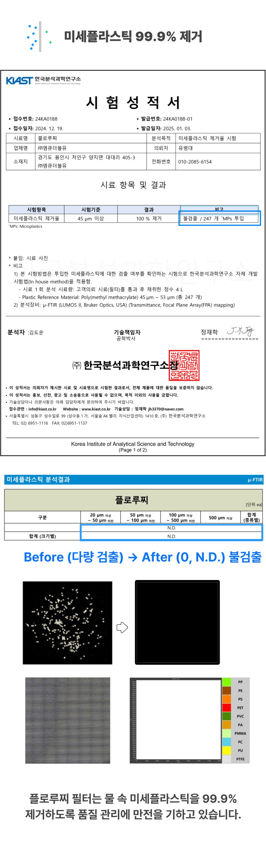 미세플라스틱 제거 성능 시험 99.9% 필터링 성적서 이미지